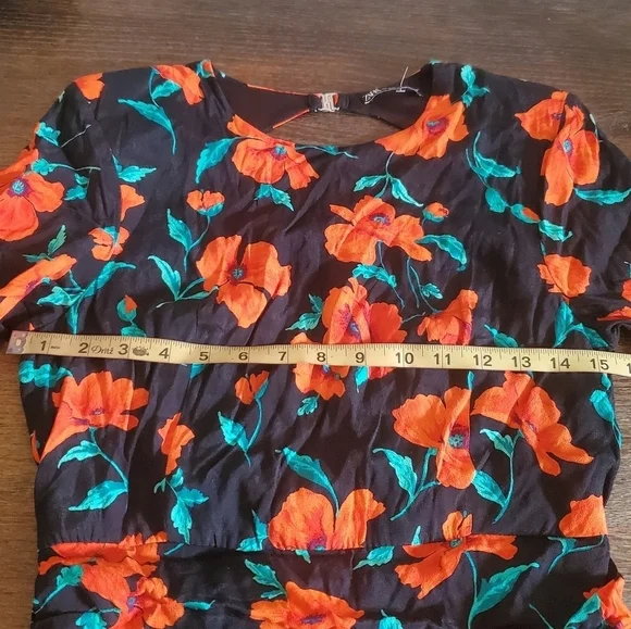 Zara Open Back Long Sleeve Ruched Mini Dress Black Orange Floral Print Size Med - Picture 11 of 15